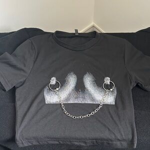 Black Crop Tee with Silver Chain & Ring Detail